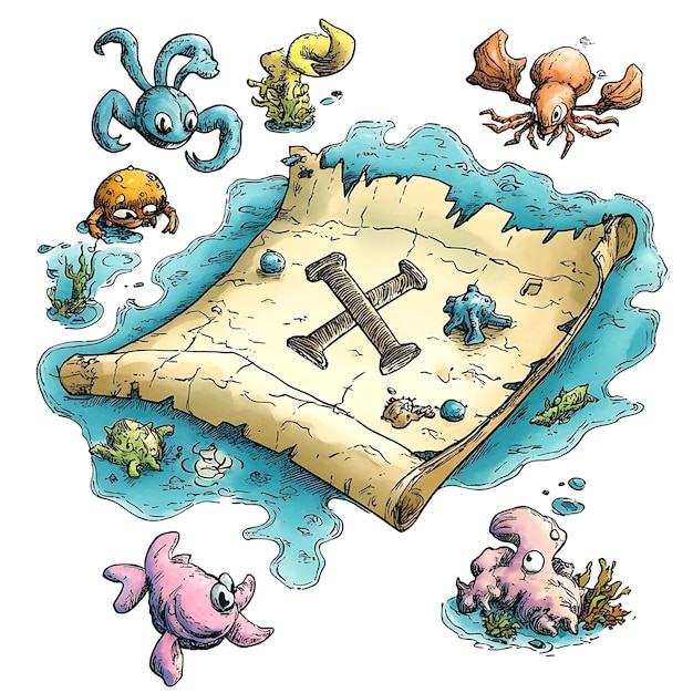 Cartoon Treasure Map with Sea Creatures