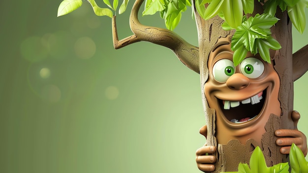 Photo a cartoon tree with a big smile and green leaves against a blurred green background