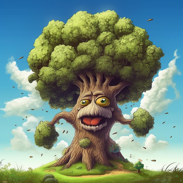 A cartoon of a tree with a face and a face that says the word on it