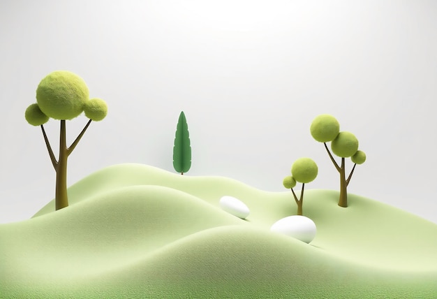 Photo cartoon trees on a green hill with white eggs