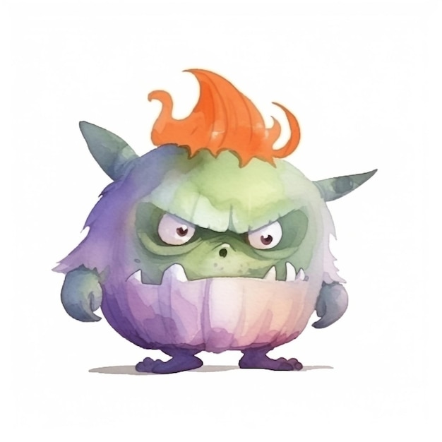 A cartoon of a troll with orange hair and a flame on his head.