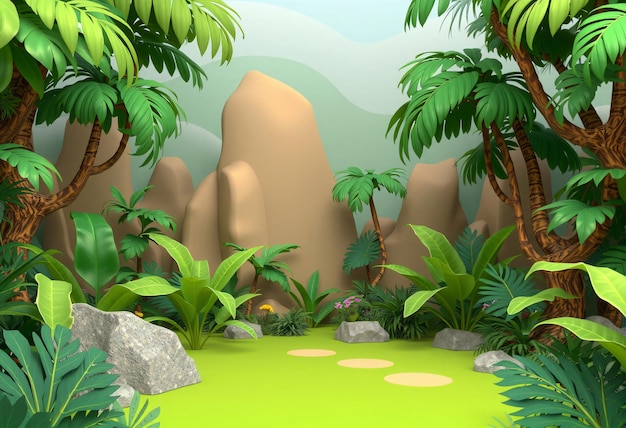 Cartoon tropical island jungle with palm trees rocks and plants with a clearing in the middle