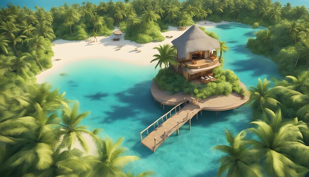 a cartoon of a tropical island with a palm tree house on the beach