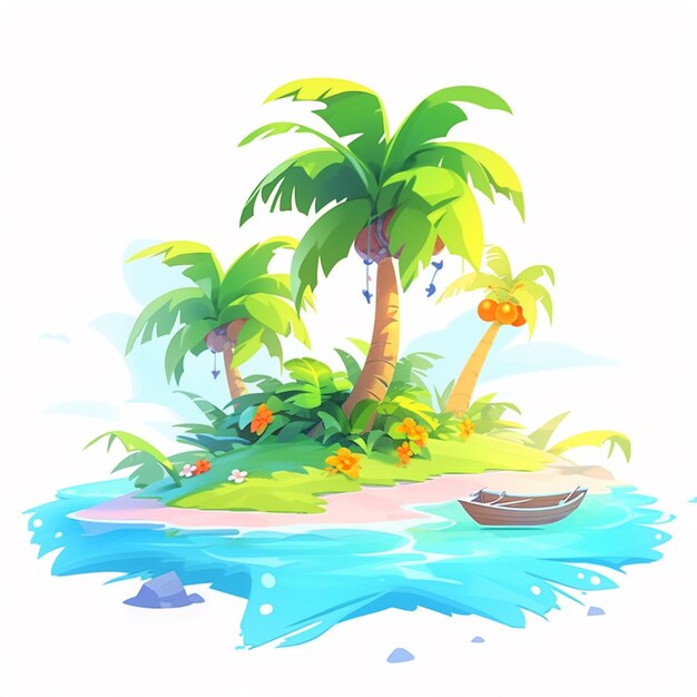 cartoon tropical island with palm trees and a boat generative ai