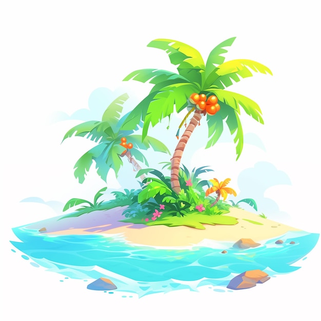 cartoon tropical island with palm trees and a butterfly generative ai