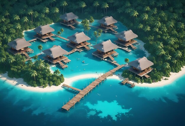 Photo a cartoon of a tropical island with a wooden walkway leading to the water