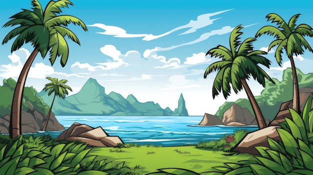 cartoon tropical landscape palm trees clear skies distant mountains