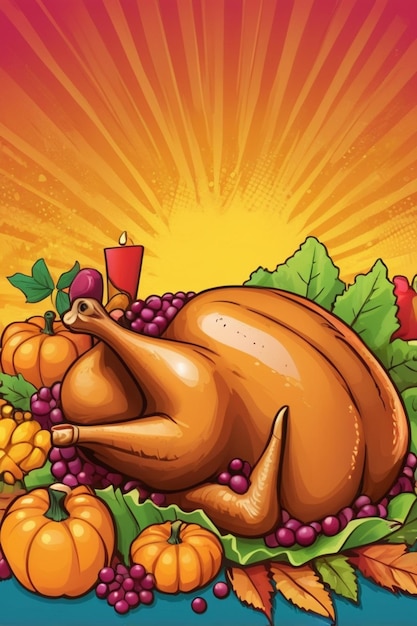 Photo a cartoon of a turkey laying on the ground with grapes and a candle