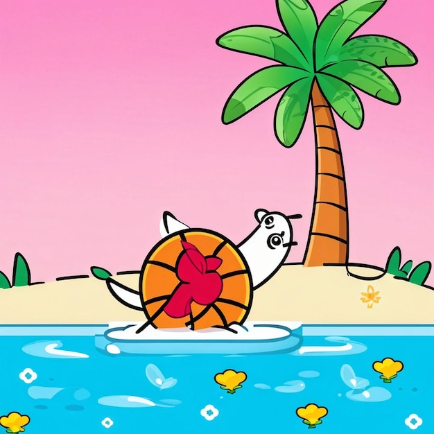 a cartoon of a turtle swimming in the water with a palm tree in the background