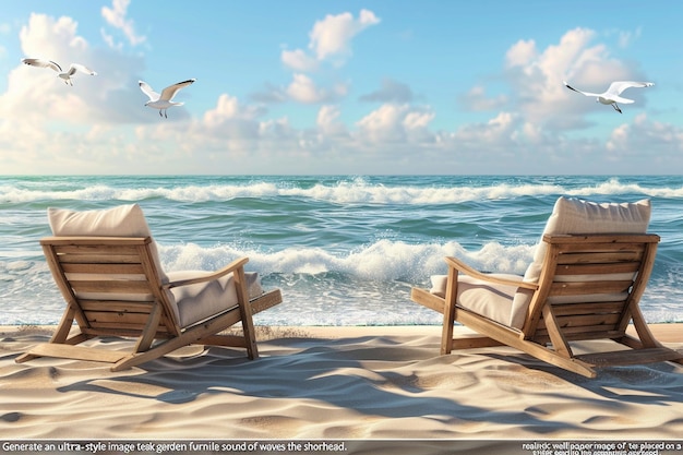 a cartoon of two beach chairs on a beach with a seagull flying above them