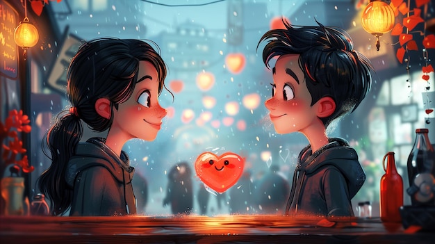 a cartoon of two boys looking at a heart with a heart in the background