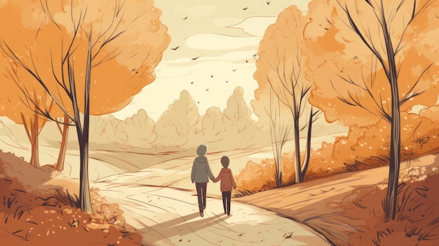 A cartoon of two boys walking in a forest with the words'fall'on the left side.