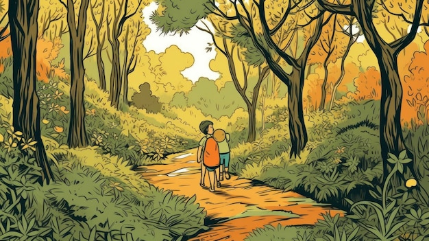 A cartoon of two boys walking in a forest