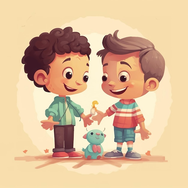 Photo a cartoon of two boys with one holding a blue toy and the other holding a blue toy