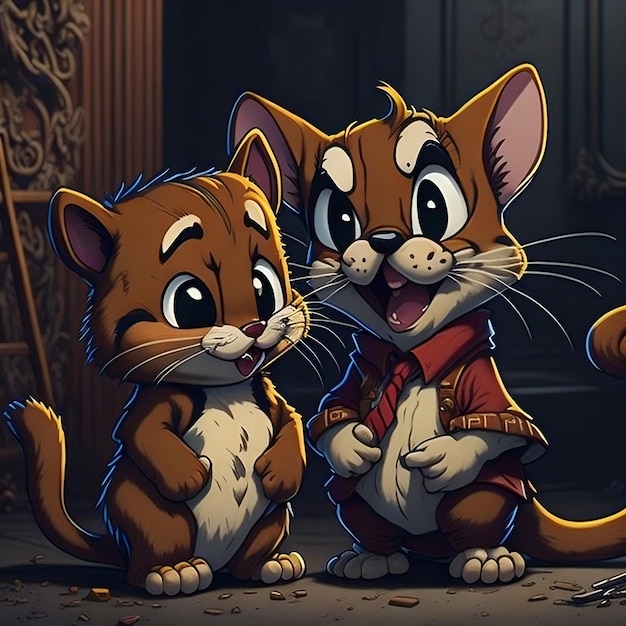 A cartoon of two cats with a mouse on their back