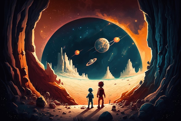 A cartoon of two children looking at a planet with planets in the background