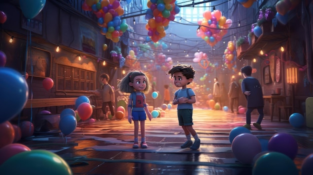 A cartoon of two children in a room with Balloon