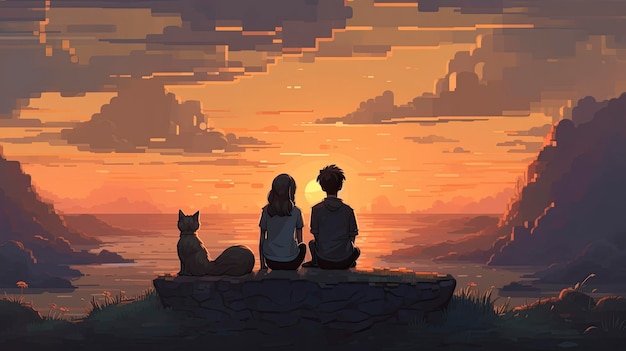 A cartoon of two children sitting on a rock watching the sunset