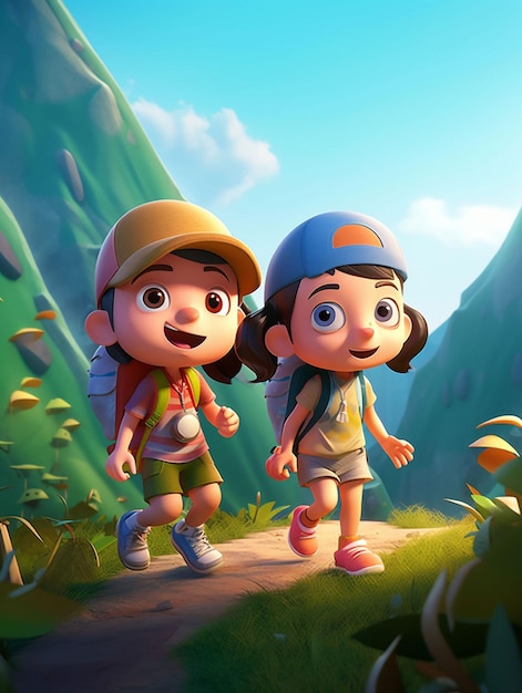 A cartoon of two children walking in a mountain scene.