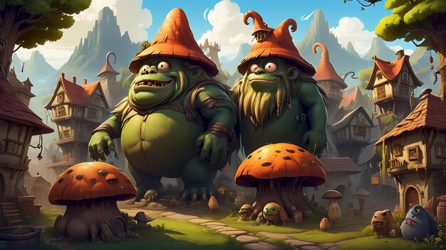 a cartoon of two giant monsters with a hat and mushrooms