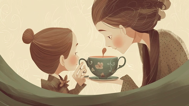 A cartoon of two girls sitting on a table one of which says'love is a cup of tea '