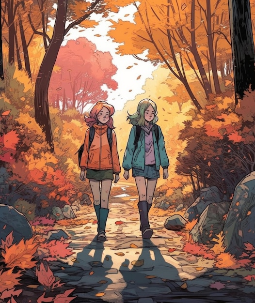 A cartoon of two girls walking down a path with autumn leaves on the ground.