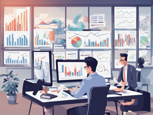 a cartoon of two men working in a meeting room with a lot of charts and graphs