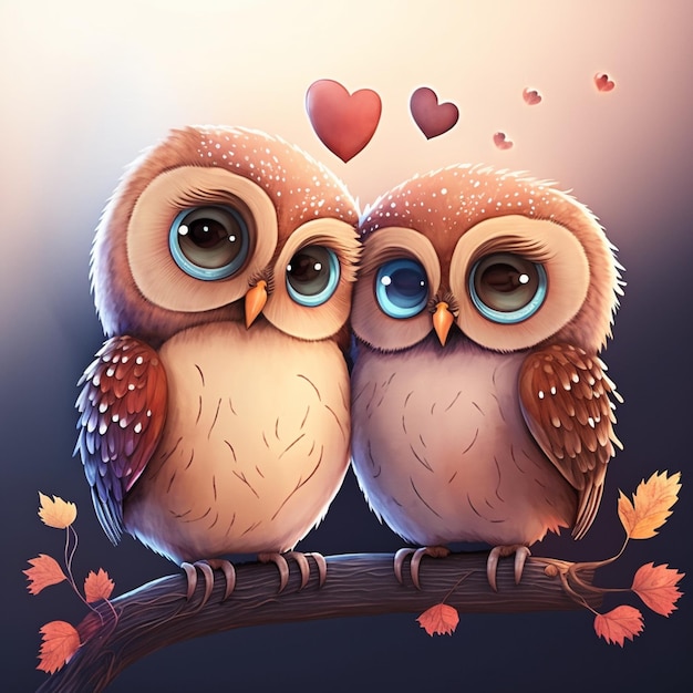 A cartoon of two owls with big eyes and a heart on their wings.