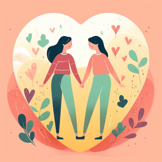 A cartoon of two women holding hands in front of a heart shaped frame.