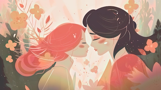 A cartoon of two women with pink hair and black hair, the word love on the front of the picture.