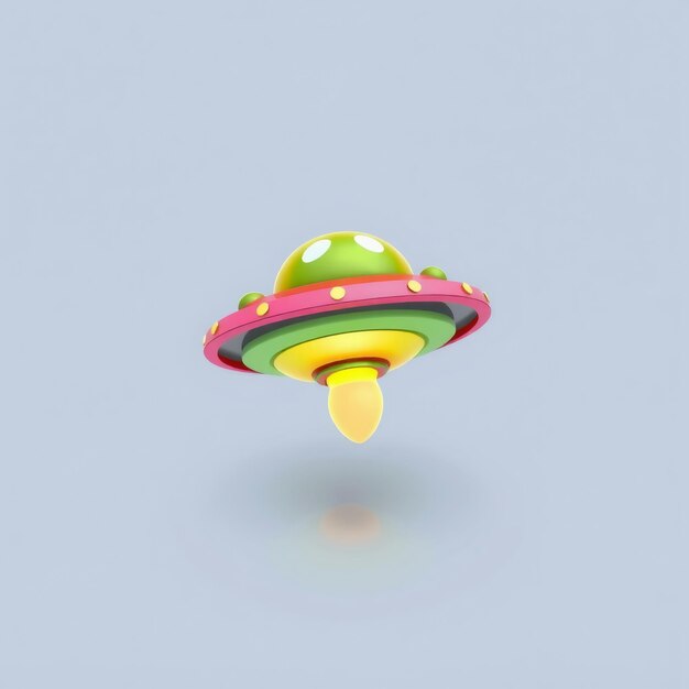 Photo a cartoon ufo with green yellow and pink colors with a yellow light in the bottom