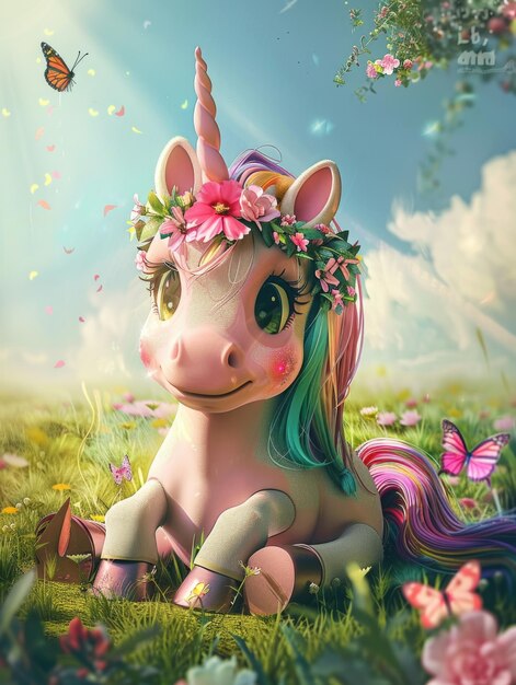 Cartoon unicorn in flower field