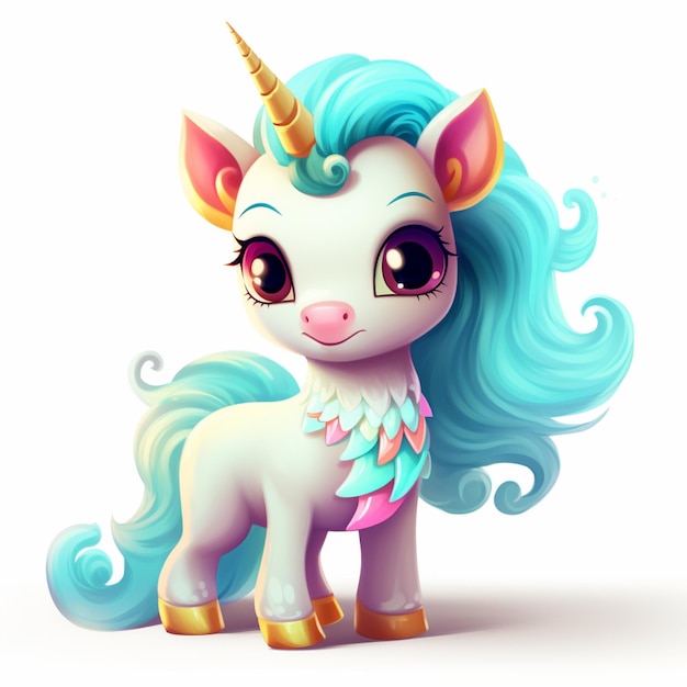 Cartoon unicorn with blue hair and a gold horn generative ai