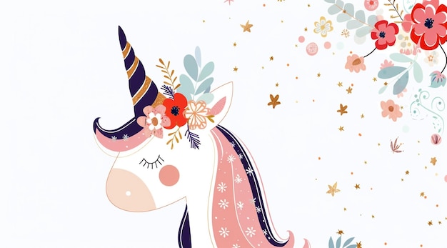 Photo cartoon unicorn with floral headband vector illustration on a white background in pastel colors