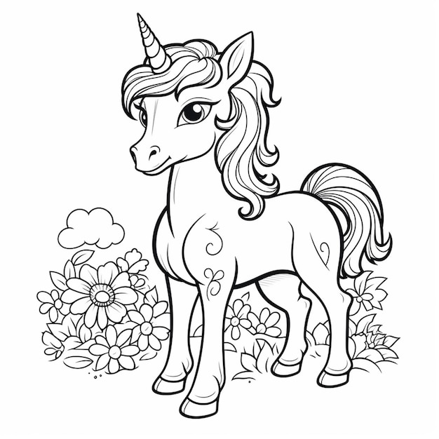 A cartoon unicorn with a mane and tail stands in a field of flowers.