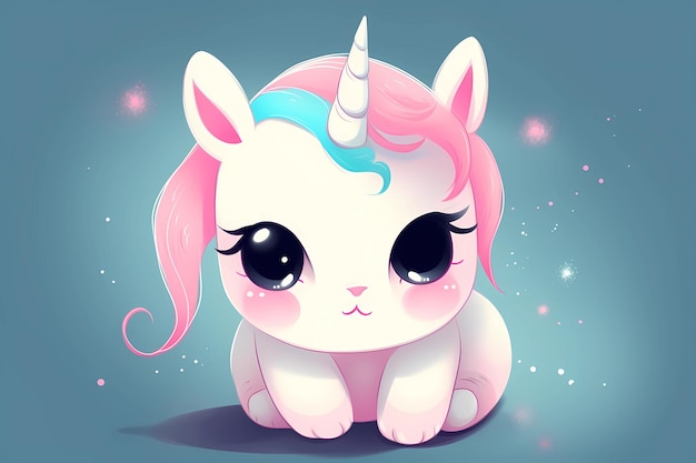 A cartoon unicorn with a pink mane and blue eyes sits on a blue background with stars.