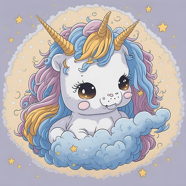 A cartoon unicorn with a rainbow mane on its head.