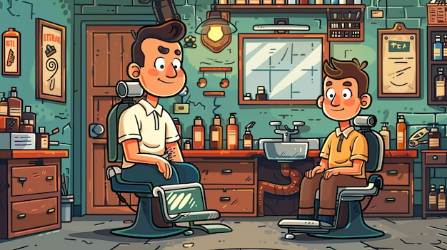 Photo cartoon vector barber giving a haircut to a customer in a barber shop