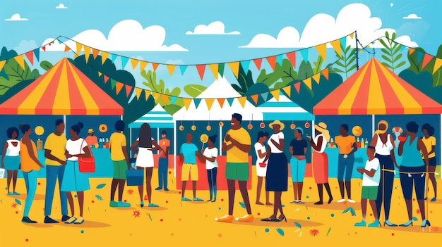 Cartoon vector of a community gathering for a Juneteenth festival with food stalls cultural performances and people enjoying the celebrations under colorful tents Generative AI