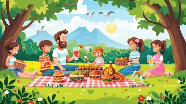 Cartoon vector depicting a Memorial Day picnic with families enjoying food playing games and honoring veterans with a picturesque landscape in the background Generative AI