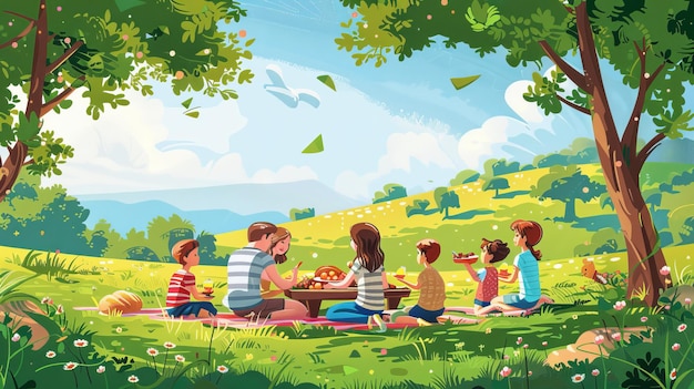 Cartoon vector depicting a Memorial Day picnic with families enjoying food playing games and honoring veterans with a picturesque landscape in the background Generative AI