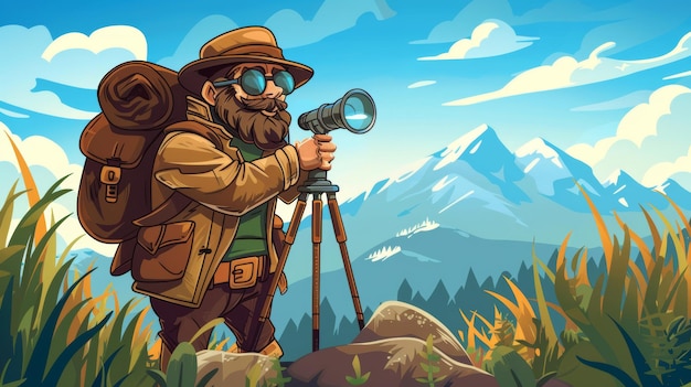 Photo cartoon vector explorer using a sextant for navigation in the wilderness