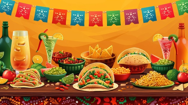 Cartoon vector of a festive table set with Mexican cuisine including tacos guacamole and margaritas against a backdrop of colorful papel picado banners Generative AI