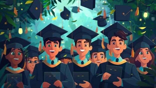 Photo cartoon vector graduation ceremony with students in caps and gowns receiving diplomas