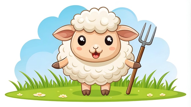 Photo a cartoon vector illustration of a cute sheep holding a pitchfork