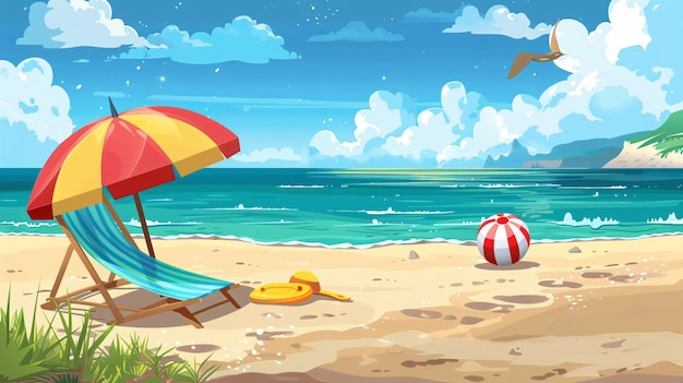 Cartoon vector illustration of a serene beach scene featuring a colorful beach umbrella a cozy beach chair a striped beach bag and a vibrant beach ball on soft sand with a clear blue sea fluffy