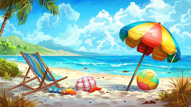 Cartoon vector illustration of a serene beach scene featuring a colorful beach umbrella a cozy beach chair a striped beach bag and a vibrant beach ball on soft sand with a clear blue sea fluffy