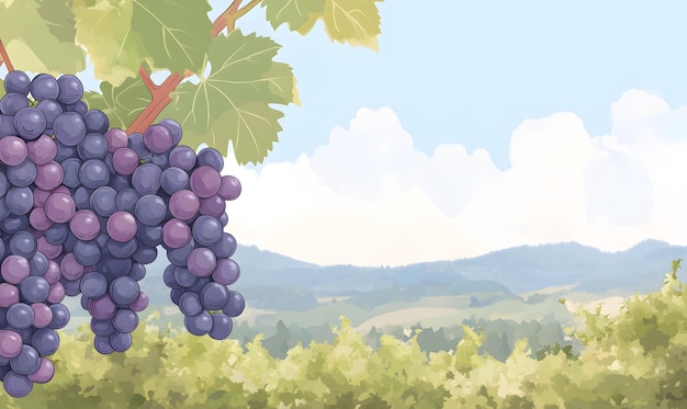 a cartoon vector illustration with purple grapes and green vineyards in the background