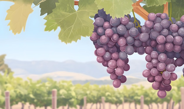 a cartoon vector illustration with purple grapes and green vineyards in the background