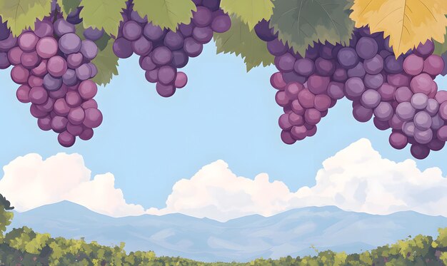 a cartoon vector illustration with purple grapes and green vineyards in the background